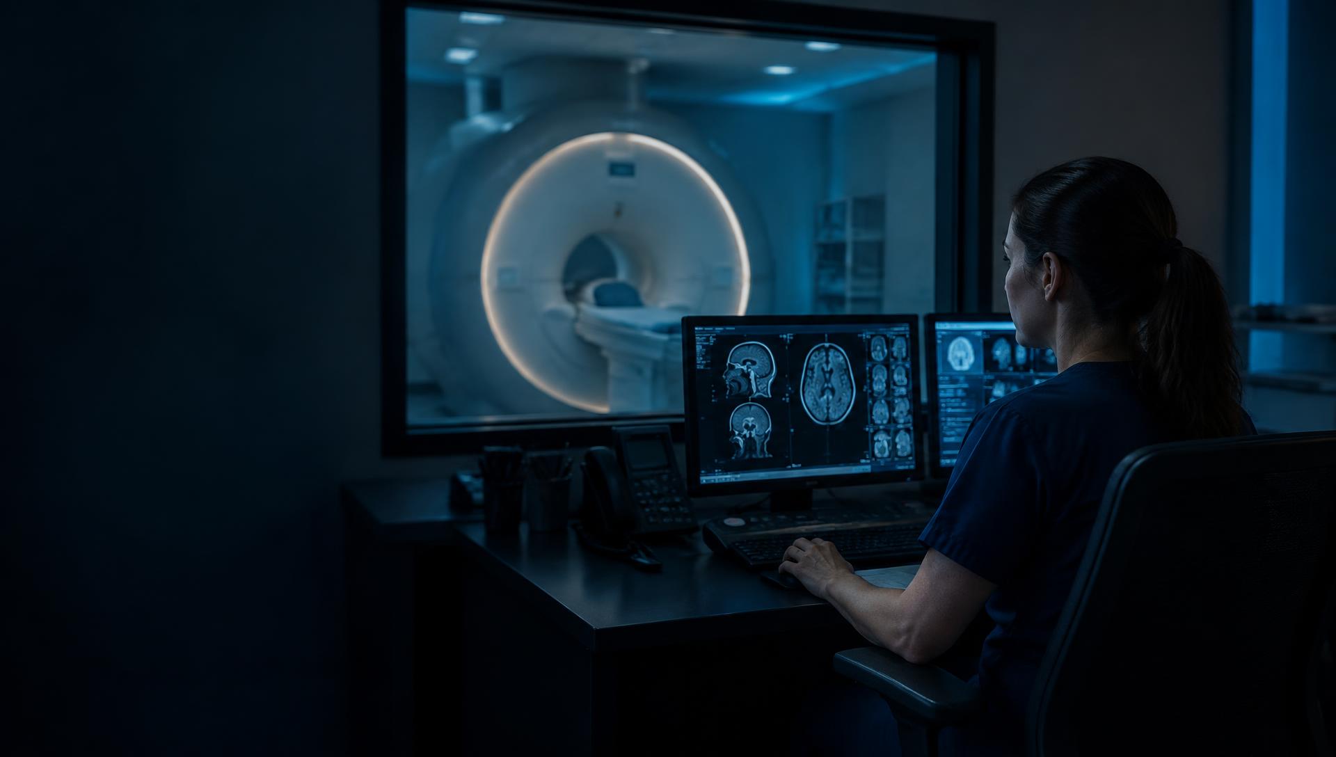 Technologist at an MRI control console